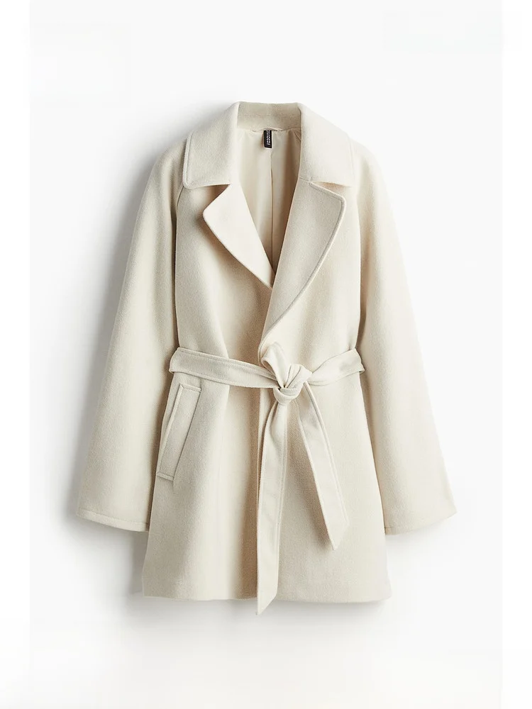 

Теплое шерстяное пальто с воротником-стойкой и поясом из коллекции H&M для женщин: войлочная верхняя одежда для осеннего сезона