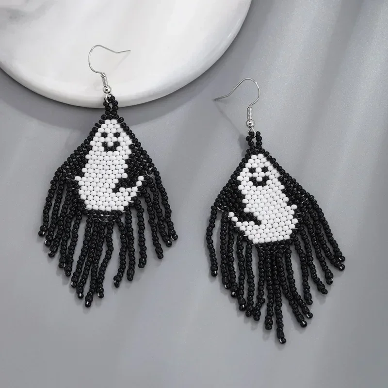 All Saints' Day Originality Play Tricks Skull Ghost Hand Knitting Tassel Bohemia Design Tide Beaded Earrings for Women