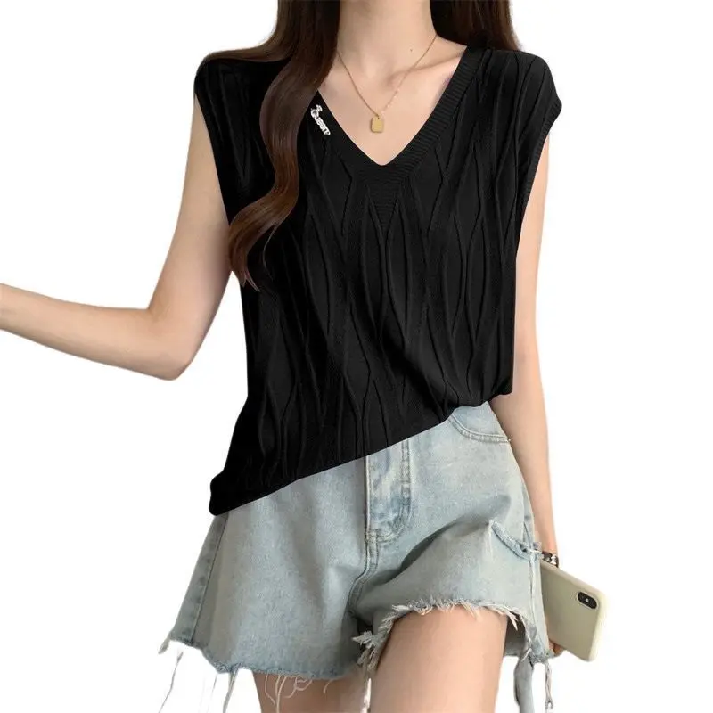 Fashion V-Neck Solid Color Knitted Sweet Sleeveless T-Shirts Female Clothing 2024 Summer New Loose Korean Tops Casual Tank Top
