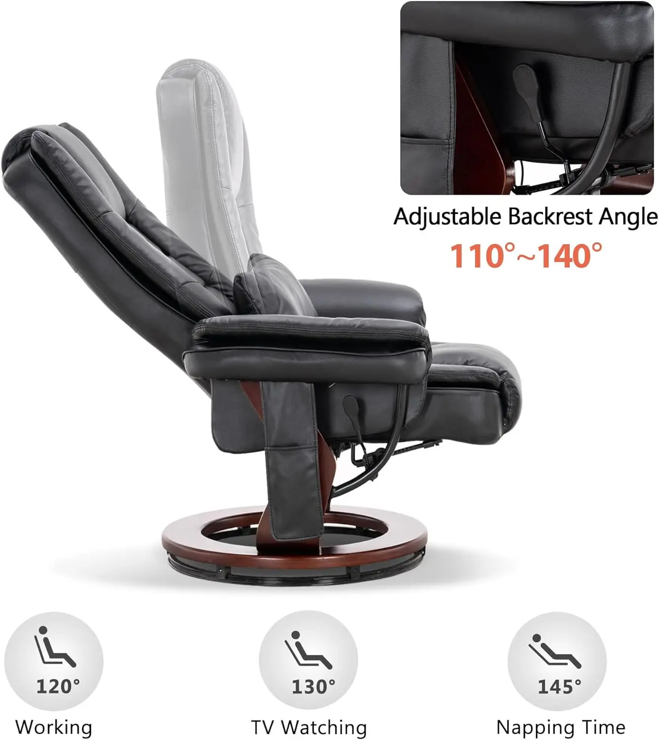 Recliner Chair with Ottoman, 360° Swivel Wooden Base, Vibration Massage Chair for Living Room, Faux Leather Accent Chair