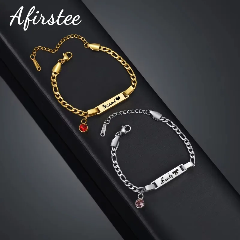 Fashion Baby Engrave Bracelet Customized Name Bracelets Stainless Steel Birth Stone Charming Pendant Adjustable Kid Wrist Chain