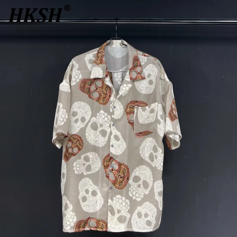 

HKSH Men's Tide Punk Print Shirts Original Skull Short Sleeve Shirt Summer New Retro Hong Kong Style Chic Tops Unique Top HK1866