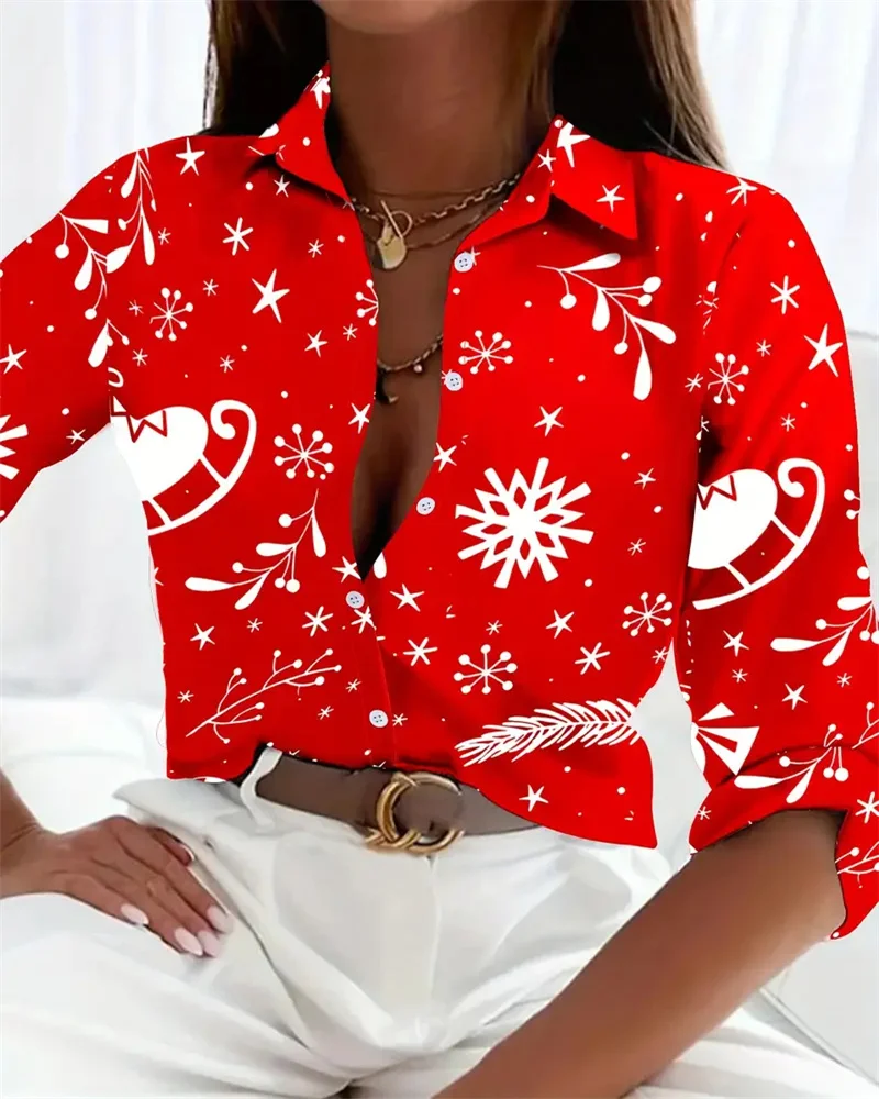 2023 Women\'s Plus Size Christmas Shirts Autumn and Winter Christmas Tops Long Sleeve Lapel Button Up Shirt Snowflake 3D Printing