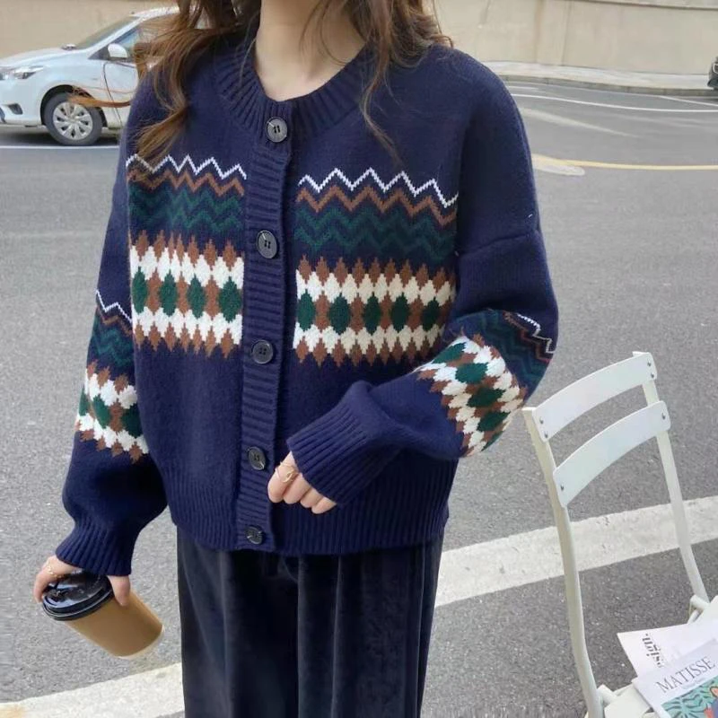 Casual Women Argyle Vintage Cardigan Sweaters Korean O Neck Loose Sweet Knitted Coat Retro Long Sleeve Female Preppy Style Tops