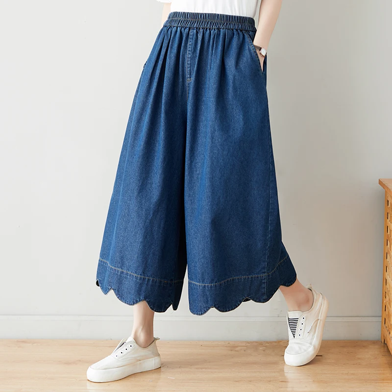 

Summer New plus Size Elastic Waist Color Slimming Wave Lace Trim Nine Points Wide Leg Jeans Women's Faionable