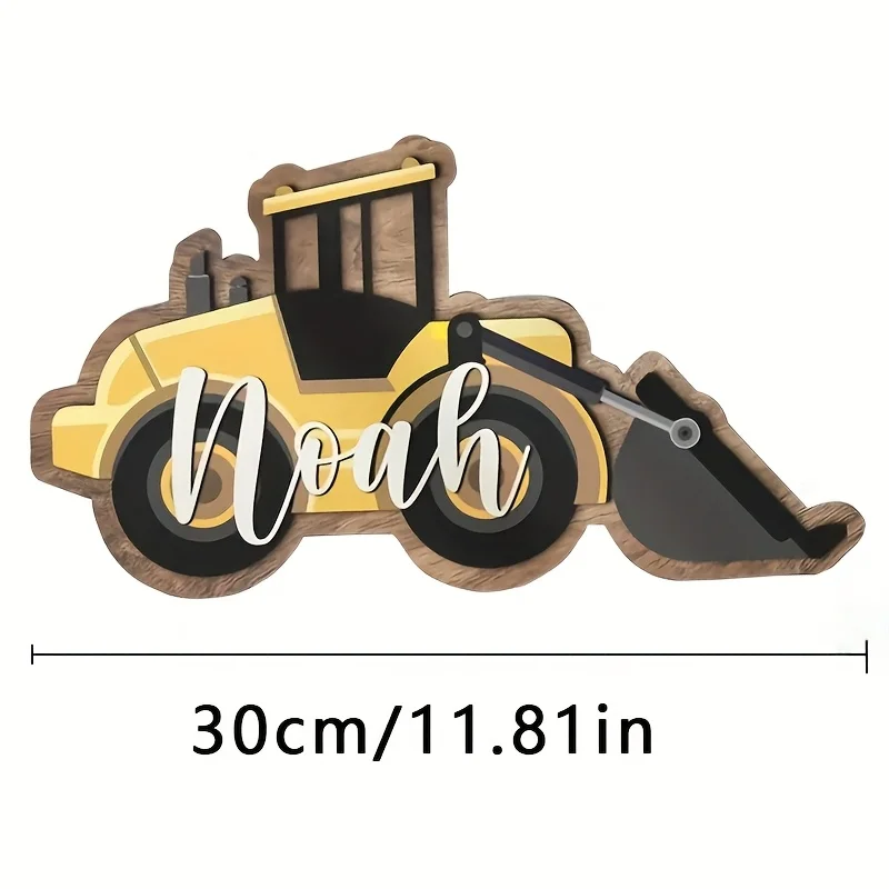 شعار خشبي مخصص/اسم - ديكور جدار غرفة الطفل تحت عنوان جرافة مع لوحة اسم مخصصة (سهلة التركيب)