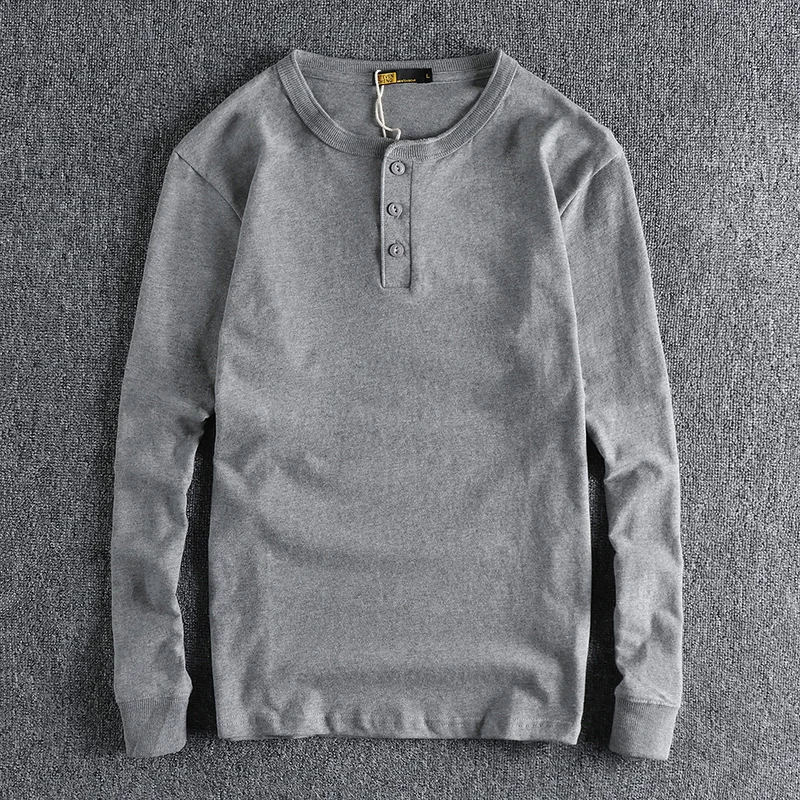 

Retro American Hard Man Style Henry Collar Long Sleeve T-Shirt Men's Washed Long Velvet Cotton Comfortable Color Versat...