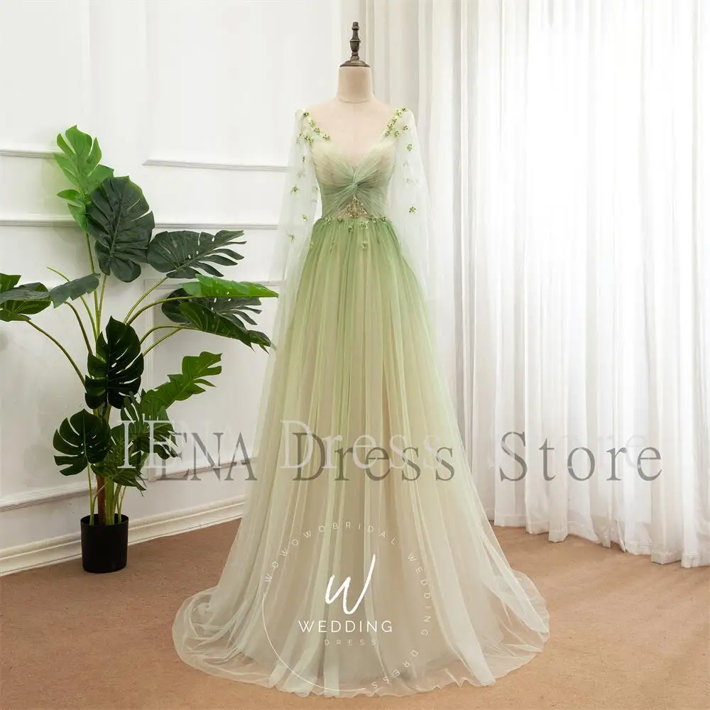 custom 14678#Glitter Gradient Green Prom Dress Dreamy Party Dress Long Sleeve Graduation Gown Bridal Dress Elegant Evening Dress