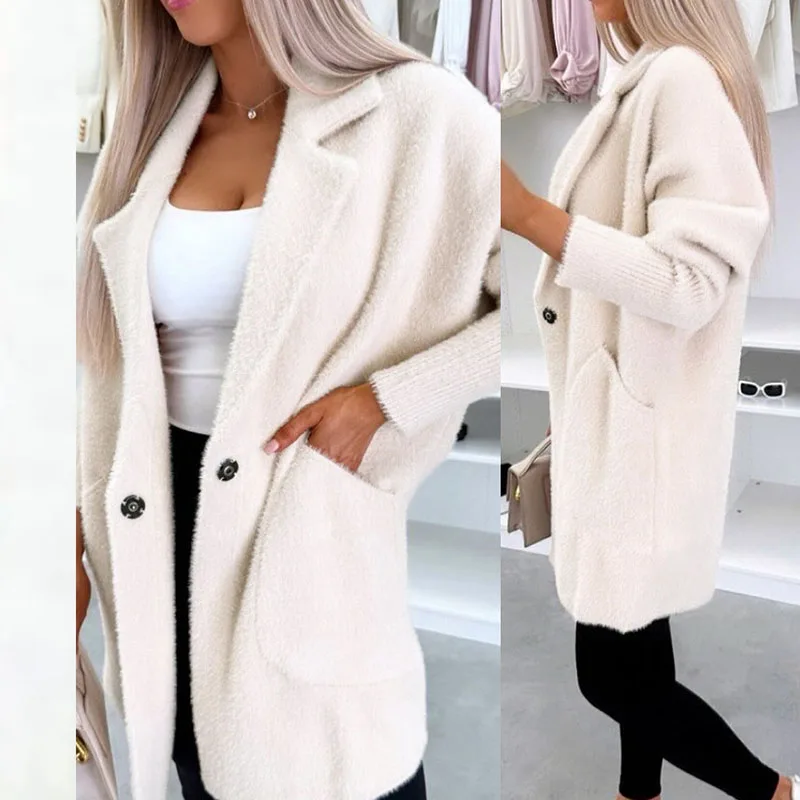Cappotto da pendolare in tinta unita da donna casual Temperamento Cardigan di lana con tasca allentata semplice Cappotto di pelliccia a maniche lunghe con risvolto alla moda