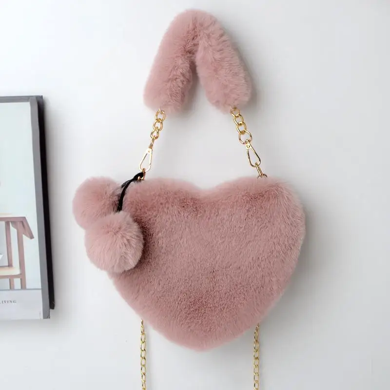 Luxury Faux Fur Heart-shaped Women Small Handbags Fluffy Plush Ladies Chain Shoulder Bag Fashion Female Furry Daily Clutch Purse