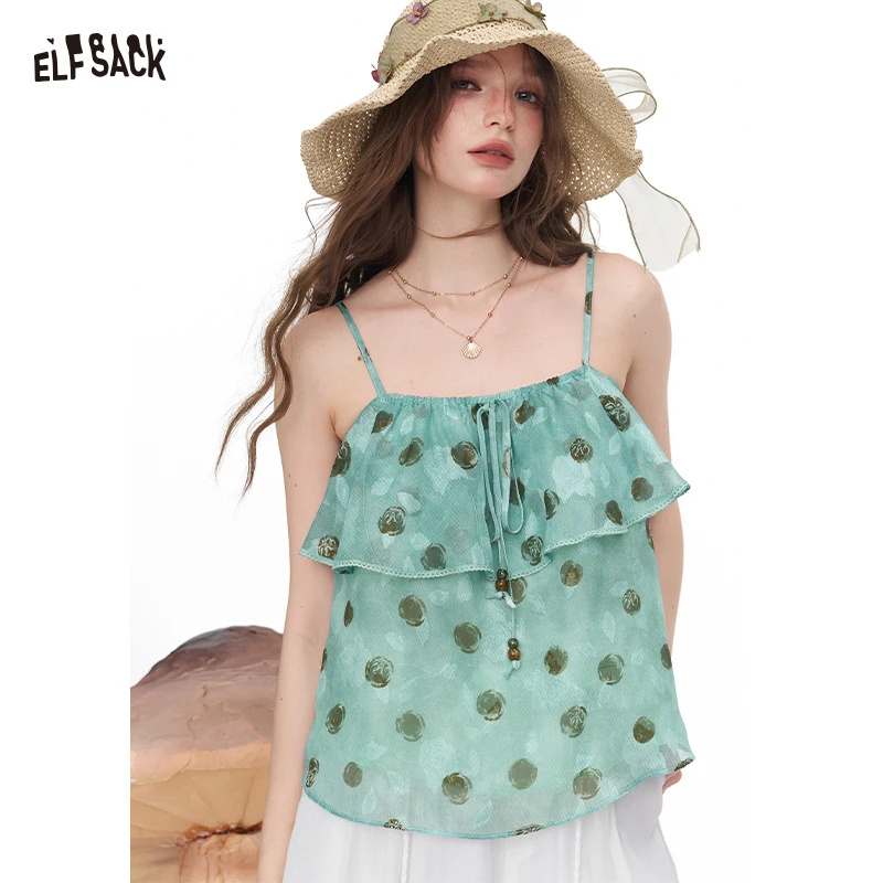 

ELFSACK Polka Dot Ruffle Camisole, Beaded Drawstring Chiffon Cami Top, Mint Green Y2K Summer Sleeveless Blouse