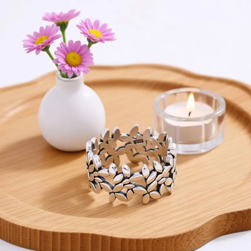 

Vintage S925 Sterling Silver Thai Silver Tree Leaf Open Adjustable Rings for Women Anniversary Party Jewelry Gifts Accessory