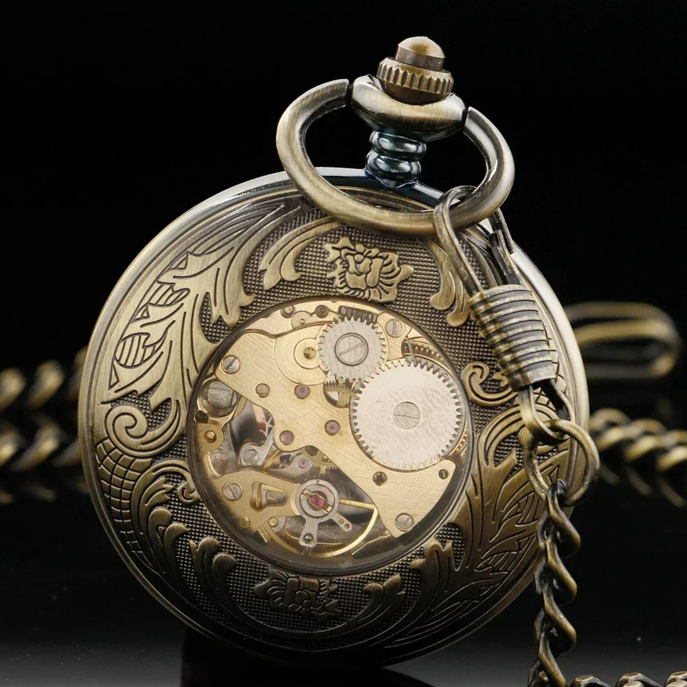 Steampunk Copper Vintage Gear Design Hollow Mechanical Watch Pocket Watch Men Women Necklace Pendant Chain Clock PJX1743