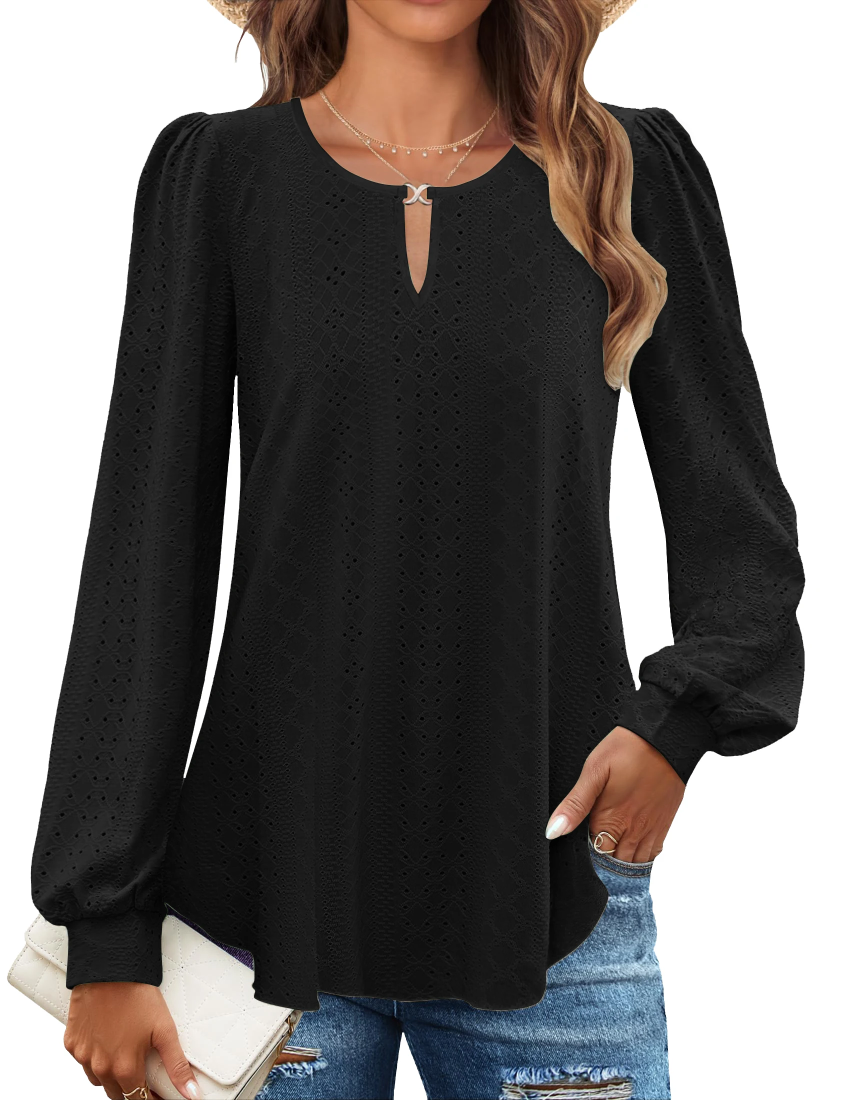 Blus Kasual Wanita Musim Gugur, Longgar, Kancing Logam, Kerah Bulat, Sweater Pullover, Atasan Polos, Longgar, Berenda, Lengan Panjang, Kemeja 2025