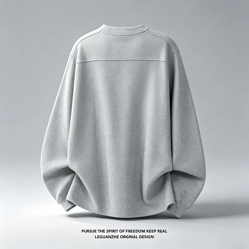 Herren-T-Shirt mit Waffelstruktur, Rundhalsausschnitt, langen Ärmeln, einfarbig, lockerer Schnitt, Stickerei-Details, lässiges Basic-Oberteil, Streetwear-Outfit – Detail 5