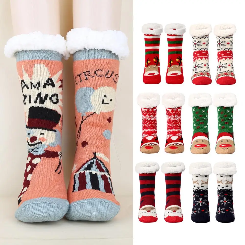 Home Wear Socks Cozy Winter Floor Socks with Christmas Print Thick Plush Leg Warmers for Women Silicone Bottom for Grip Holiday