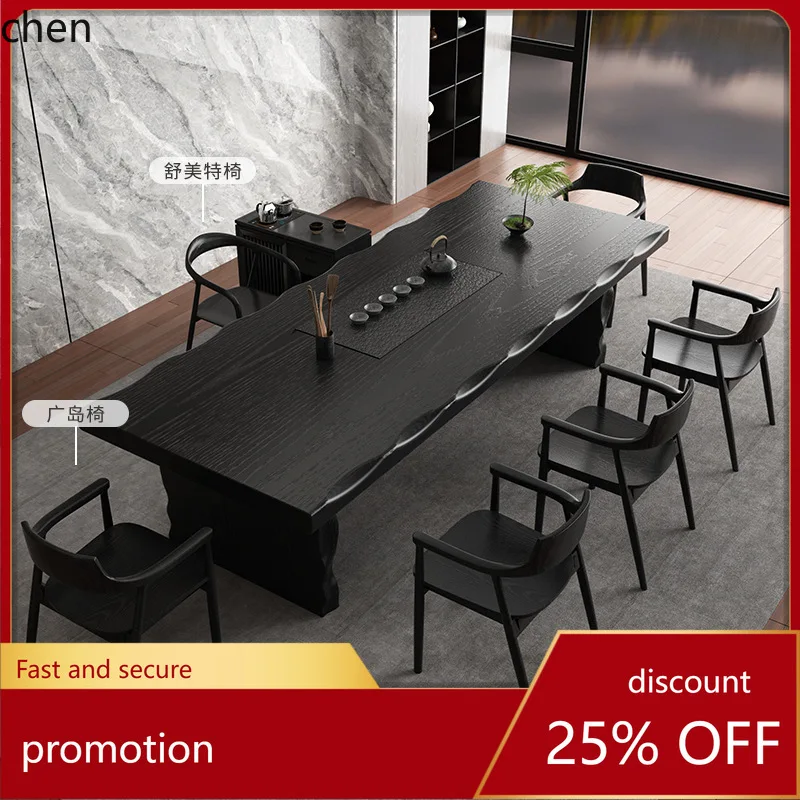 HT Wabi-Sabi Style Solid Wood Tea Table and Chair Set  Large Board Office Tea Table Natural Wood Table Black Gold Stone Tea Tray