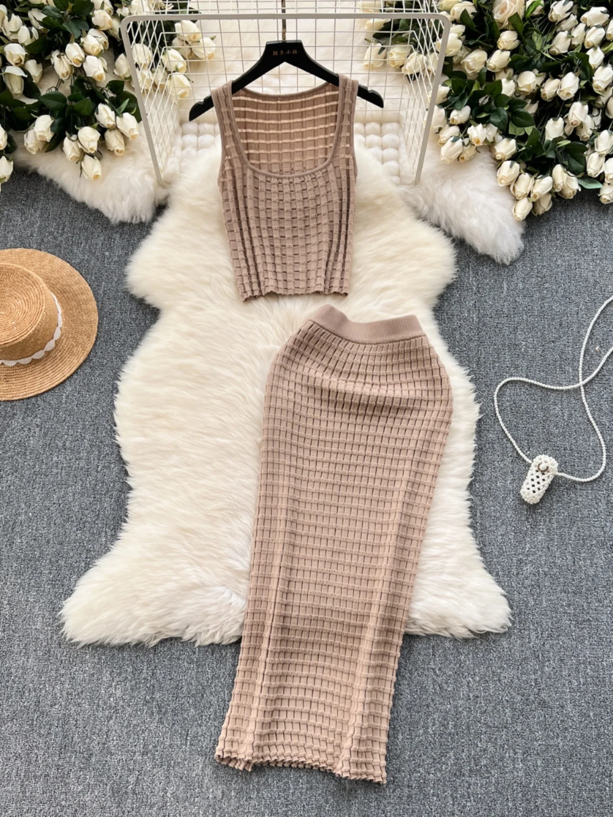 

Hong Kong Sle Retro Spicy Girl Knitted Set High Waist Skirt Versatile Summer Top Bot Women's Faion Ensemble