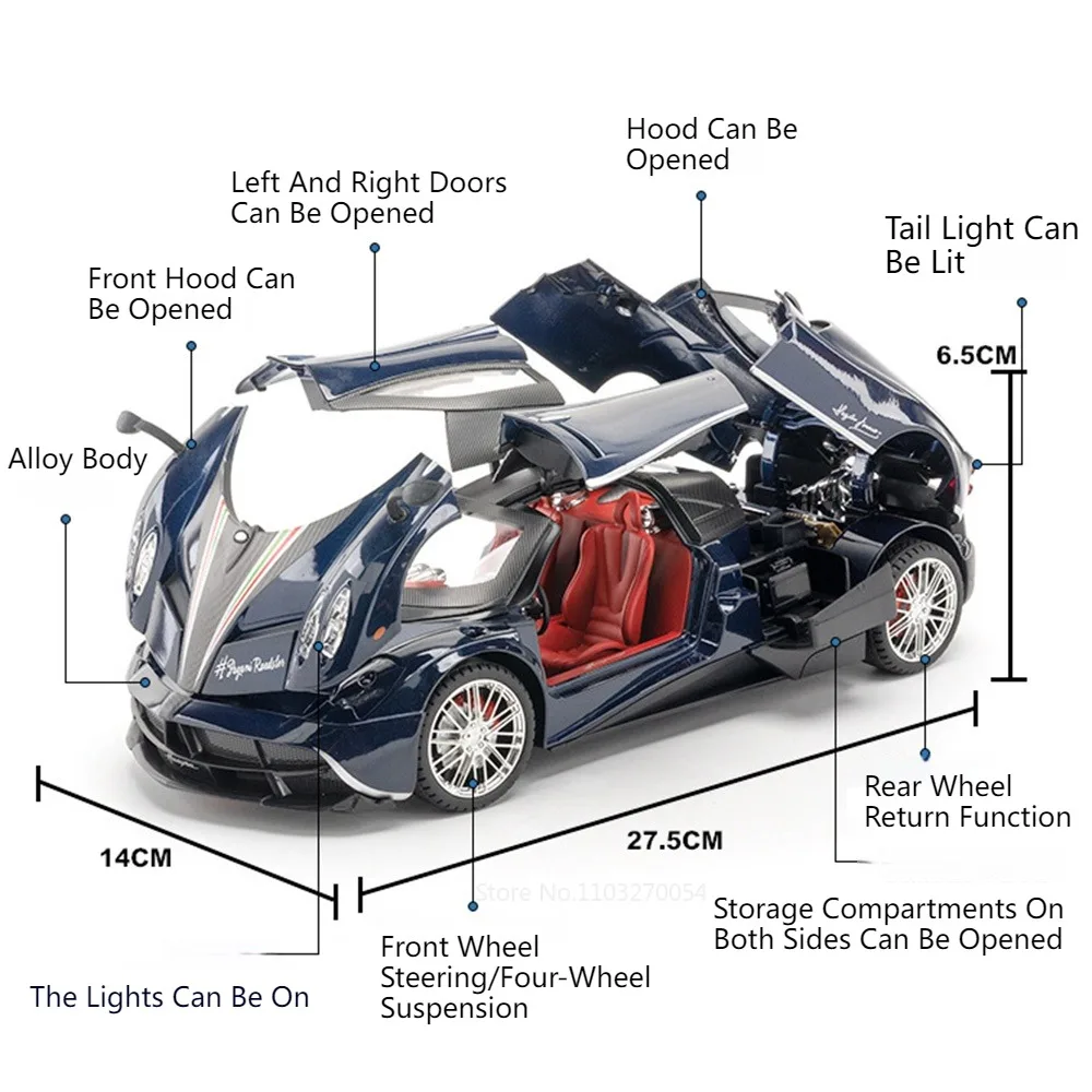 1/18 Pagani Huayra Toy Model Car Diecast Alloy Sport Cars Sound Light Pull Back Door Can Opened Rubber Tires Model Festival Gift