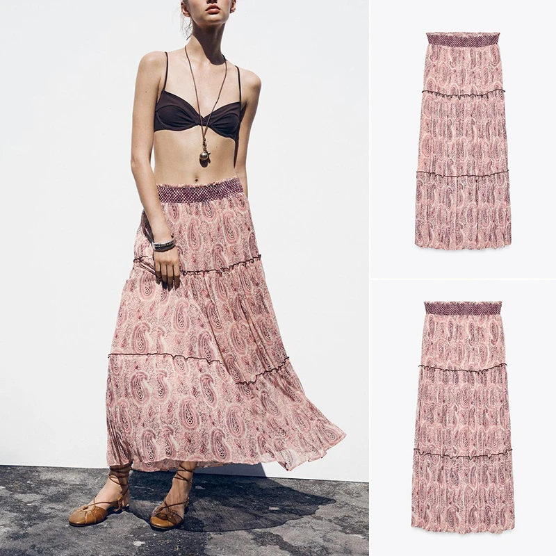 

Новая летняя женская многослойная декоративная модная длинная юбка-миди с принтом в стиле ретро, трапециевидной формы с подставкой на талии, полиэфирное волокно