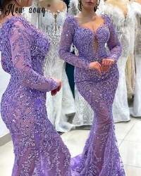 Charming Purple Flower Lace Appliqued Evening Dress Arabic Deep V Neck Mermaid Long Celebrity Gown  Robe Soirée Female Custom