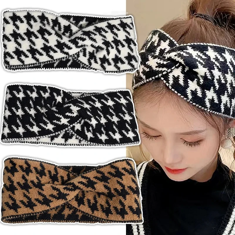 Retro Plaid Dzianinowa opaska na głowę Eleganckie nakrycie głowy Opaska do włosów Jesień i zima Ciepłe codzienne akcesoria do stylizacji włosów