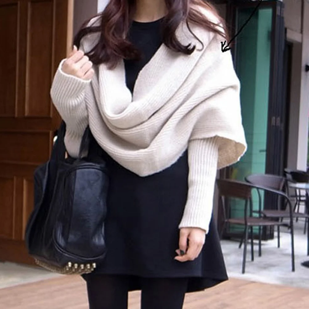 

Unisex Knitted Scarf Beige Cape Shawl Long Sleeve Soft Warm Elastic Knit Shawl Autumn Winter Fashion Korean Style Scarf with