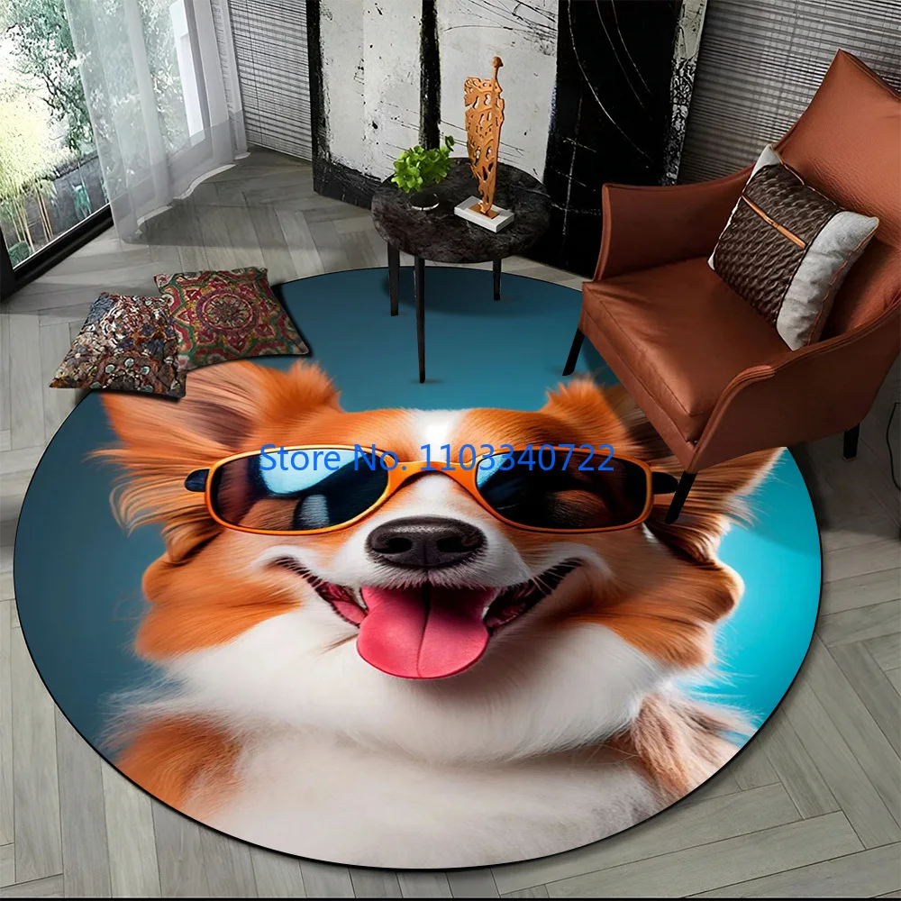 Cute Dog Samoye,Chihuahua,Koki Pomeranian Rug Round Carpet 120cm Crawling Game Non-slip Play Floor Mat for Kids Room Decor