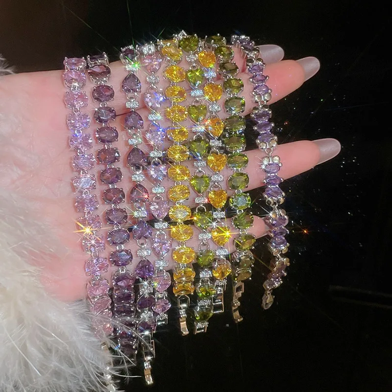 

Minar Luxury Multiple Colorful Heart Oval Rectangle Geometrical CZ Cubic Zircon Strand Bracelets for Women Silver Plated Copper