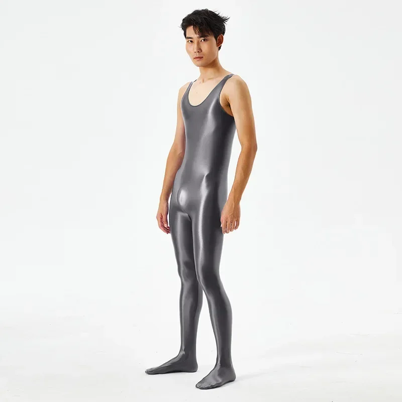 Plus-size Oily Luster Silky Jumpsuits for Men and Women with High Elastic Open Gear Free Sexy Transparent Breathable Tight