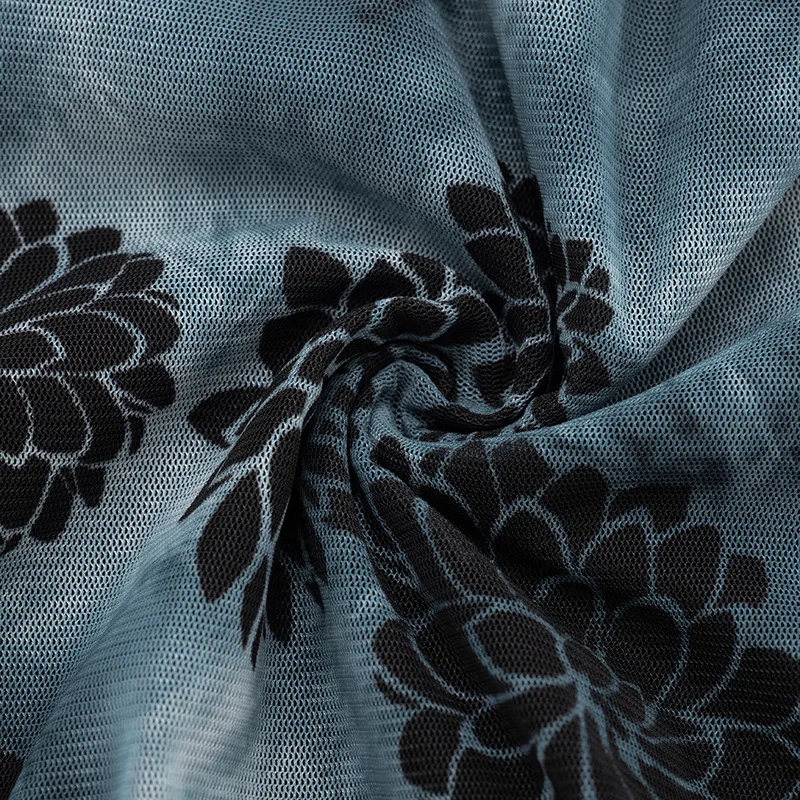 플로럴 프린트 시스루 메쉬 러플 주름 바디콘 미니 드레스 여성 섹시 레이스업 리본 딥 V넥 플레어 롱 슬리브 클럽웨어