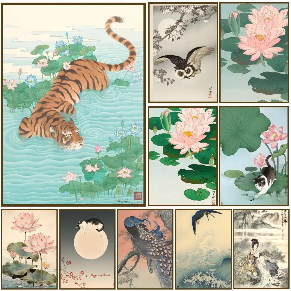 Ohara Koson Japanese Ukiyo Wall Art Poster Self-adhesive Living Room Bedroom Party Bar Decor Moisture-proof Fade-resistant HD