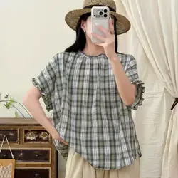 Bust 128cm Pure cotton women's plaid shirt Japanese style stand collar bat sleeve green checkered shirts and blouses