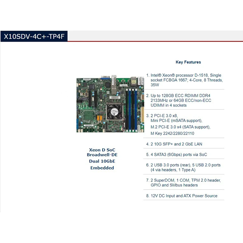 X10SDV-4C +-TP4F للوحة الأم لخادم Supermicro Flex ATX D-1518 رباعي النواة 10 جيجابت منفذ بصري FCBGA-1667 DDR4-2133MHz