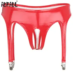 Womens Lingerie Glossy Patent Leather Briefs Underwear with Garter Clips Open Crotch Thong Lingerie Punk Gothic Rave Clubwear