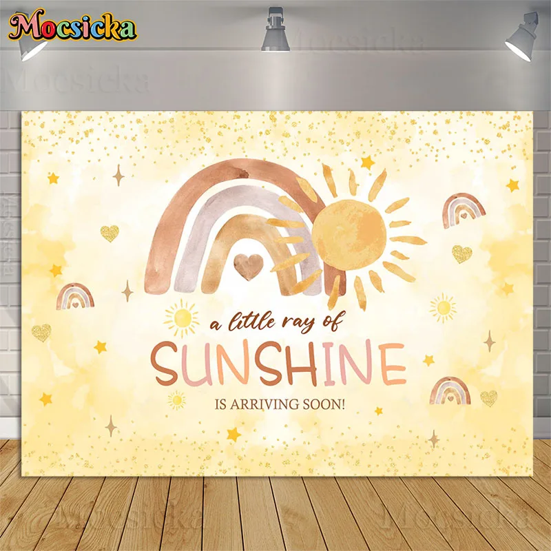 A Little Ray Of Sunshine Is Arriving Soon Backdrop Boho Rainbow Gold Glitter Dots Newborn Baby Shower Background Birthday Props