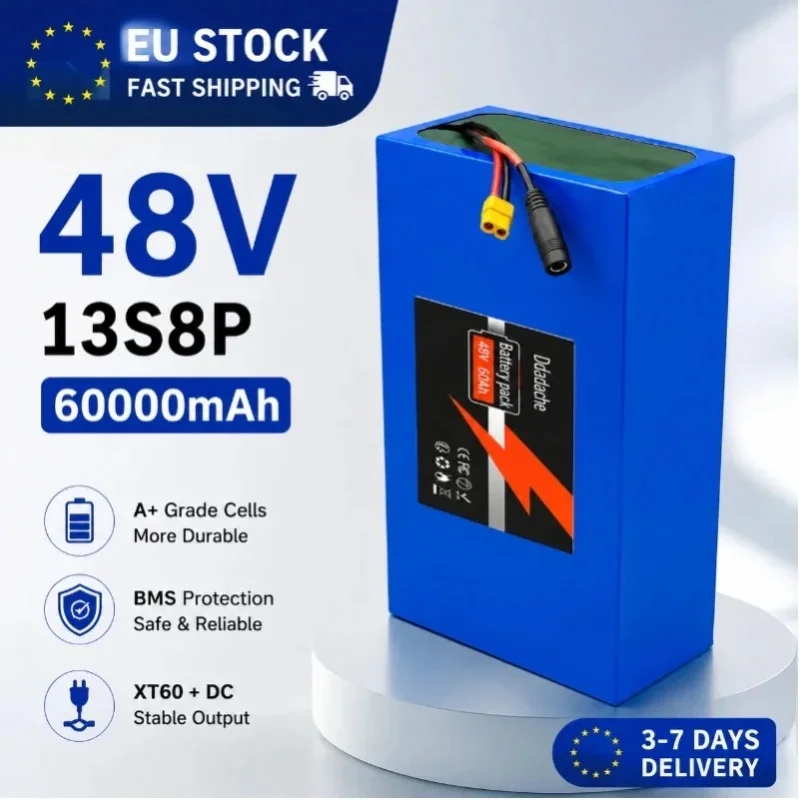 48V 60000mAh Lithium-Akkupack 13S8P 18650 Li-Ion Wiederaufladbarer Akku mit Smart BMS XT60 DC-Ausgang EU-Lager Schnelle Lieferung für E-Bike Elektroroller Solarenergie-Speicher RV Tragbare