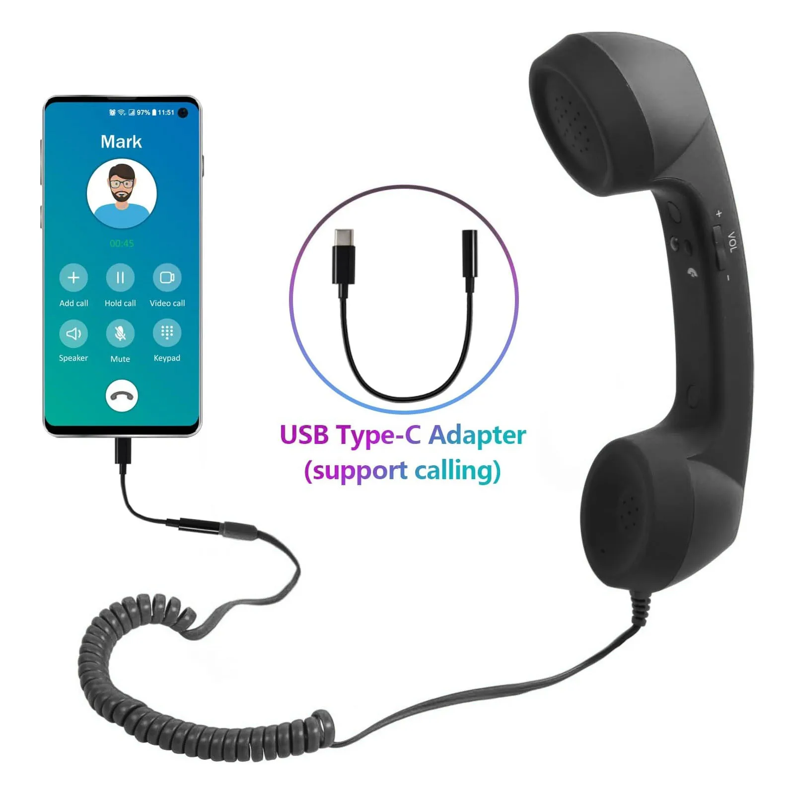 Retro Phone Receiver Cell Phone Handset USB C Radiation Proof Vintage Phone Handset with 3.5 Mm Socket for Smartphone