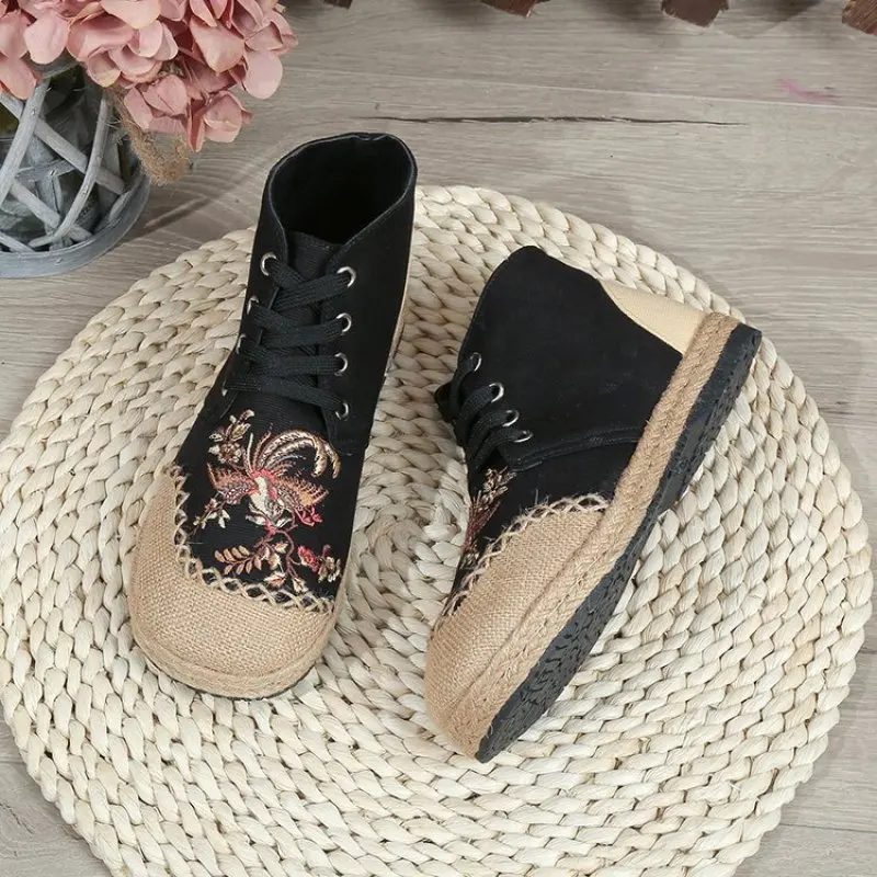 2024 NEW New Embroidered Linen Casual Shoes Simple Versatile Mid-Top Booties Fashion Lace-Up Craft Cloth Shoes Womens Shoes