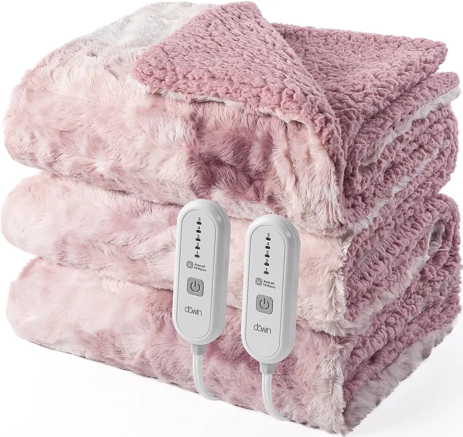 King Size Heated Blanket, Pink, Dual Controllers, 5 Heat Levels, Auto Off, Machine Washable