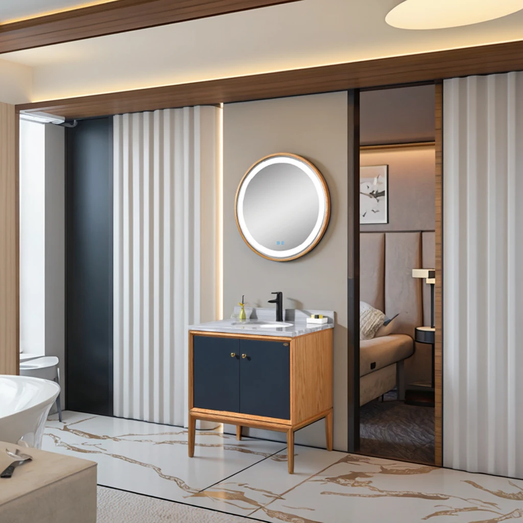 Imagen 5: Mueble de tocador de baño de madera maciza moderno, espejo de baño de pie impermeable para uso doméstico o en Hotel para apartamento