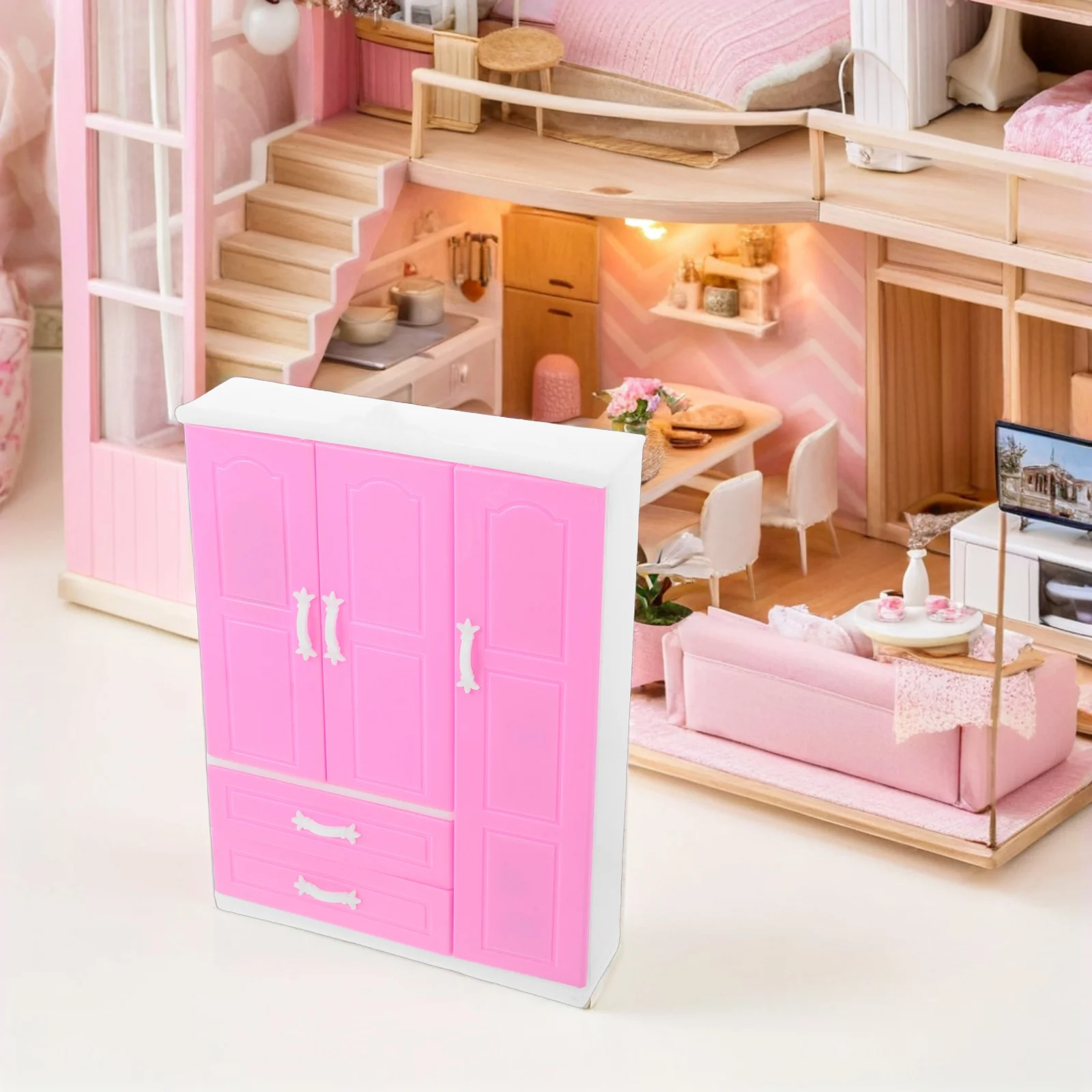 

Mini Princess Style Dollhouse Wardrobe Closet Compact Miniature Bedroom Furniture Organizer Storage Cabinet Pretend Play For