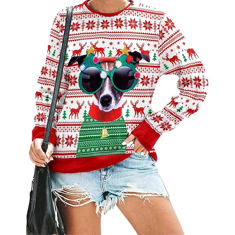 Cute Husky Pattern Sweatshirt 3D Printed Christmas Animal Theme Pullover Ugly Sweatshirt Harajuku Trend Casual Long Sleeve Tops