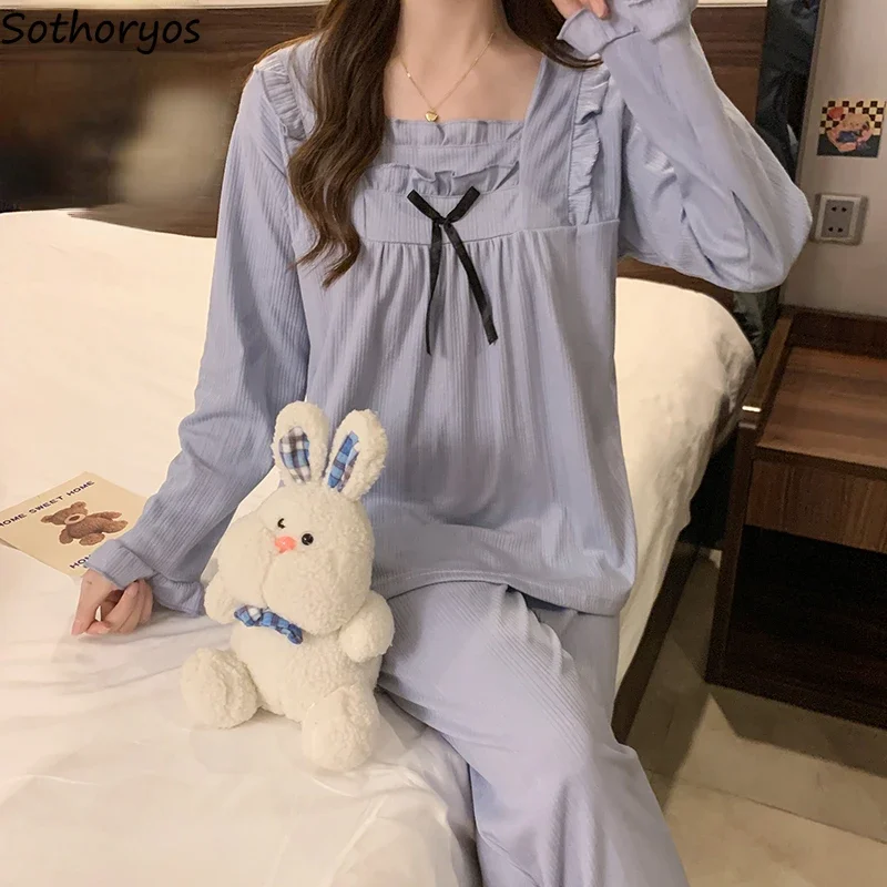 Pajamas for Women Square Collar Home Sweet Bow Design Princess Casual Padded Sleepwear Soft Comfortable Ulzzang Spring Autumn