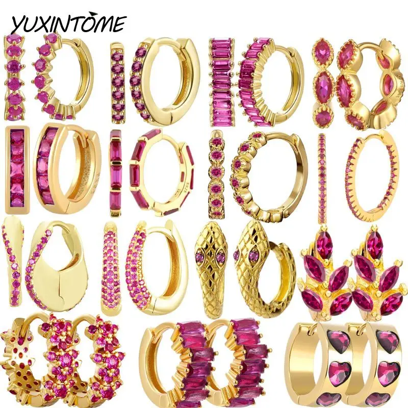 

925 Sterling Silver Ear Needle Luxurious and noble rose red zircon hoop earrings Women's Sweet Romantic Fashion Earrings Jewelry