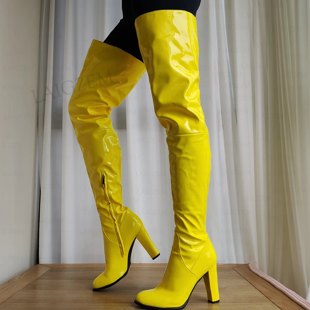 ZHIMA Women Thigh High Boots Round Toe Shiny Thick High Heels Over Knee Boots Handmade Ladies Shoes Woman Big Size 41 44 47 52