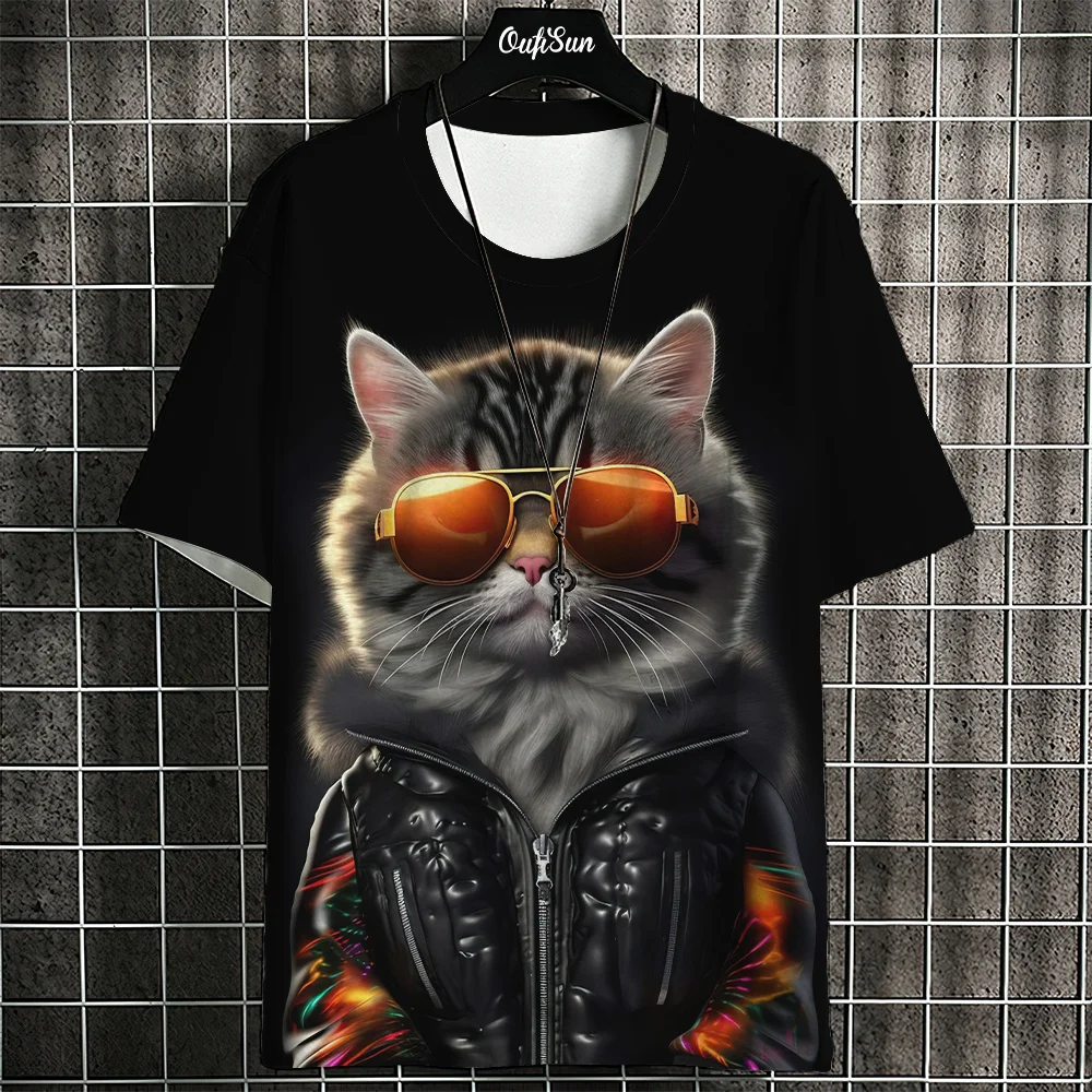 Men's T-Shirt Animation Style Cat With Hoodie Glasses Pattern 3D Printing Tees Short Sleeve T-shirts Oversized Men Clothing Tops image 6
