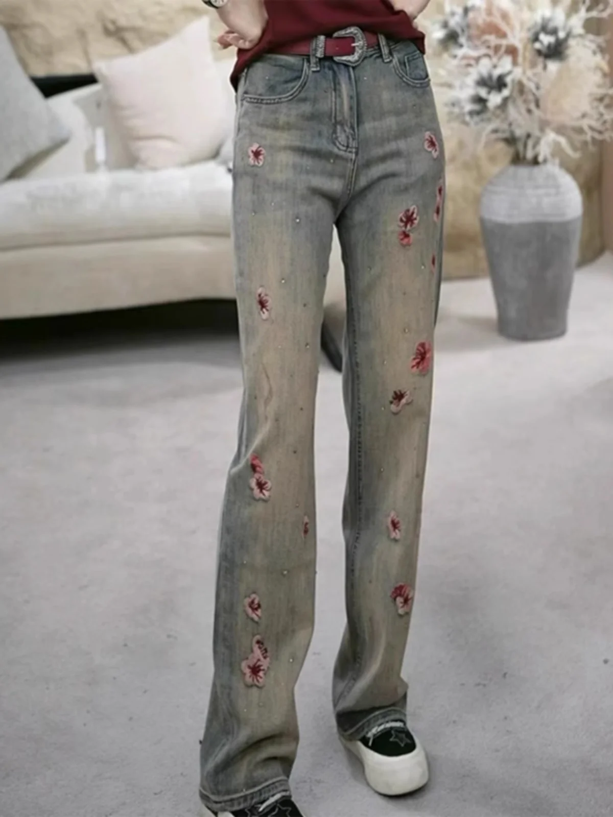 

Heavyweight Sakura Embroidered Denim Straight Leg Jeans Women's Spring Summer High Waist Long Pants Sli Versatile Slimming