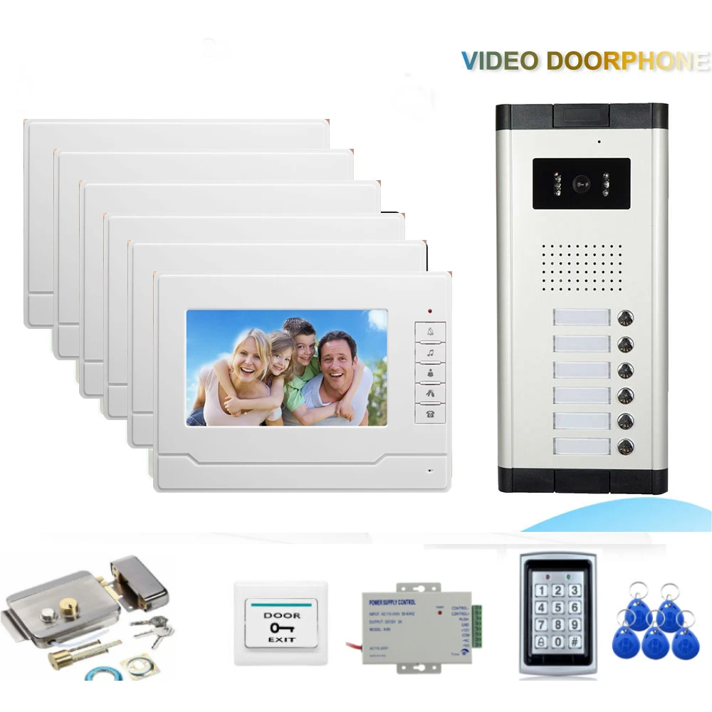 

2~6 Units Apartment Wired Network Cable Video Door Phone Doorbell Intercom System 7 Inch Monitor Access Unlock Door Intercom