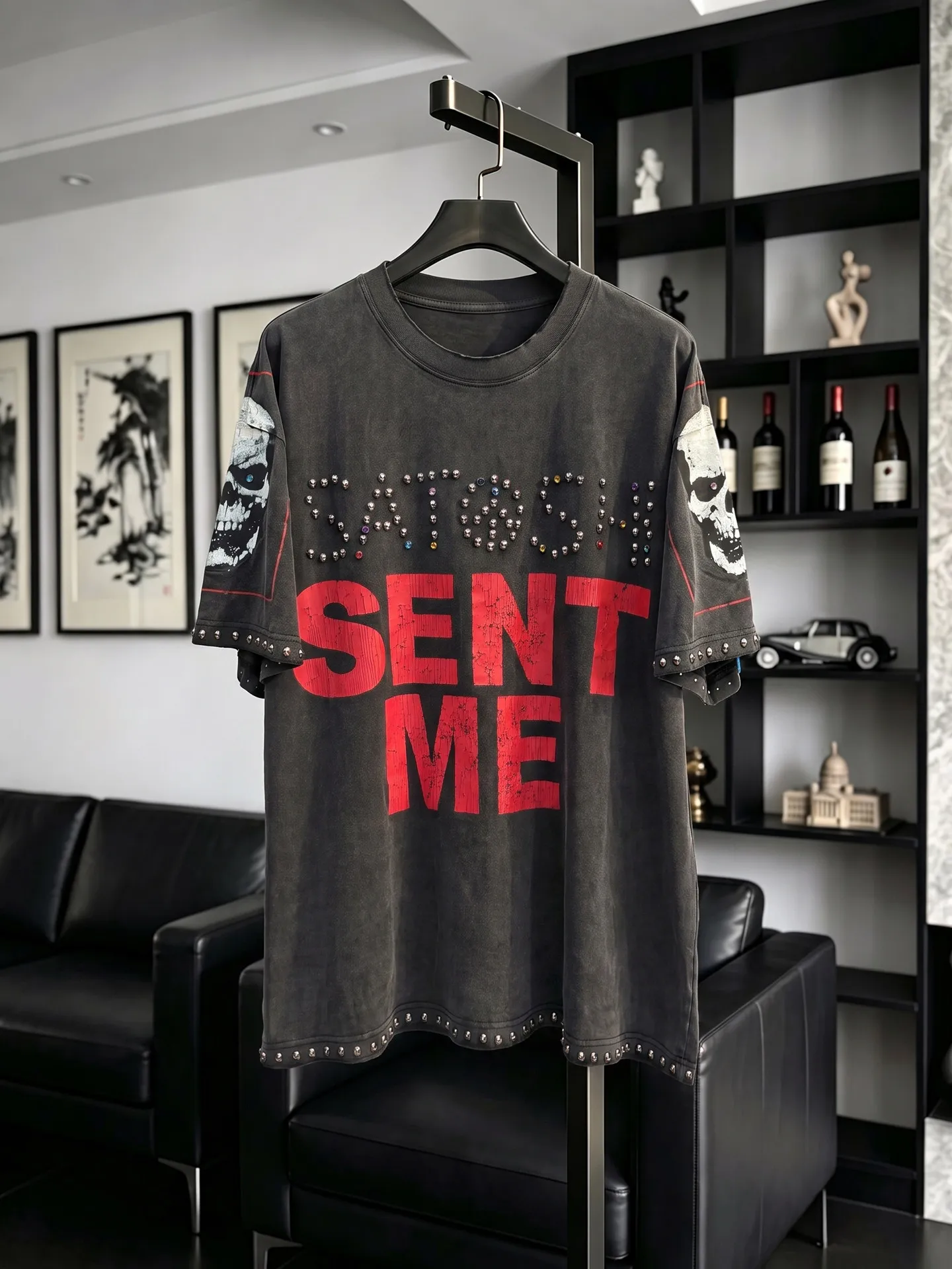 Yao Fashion Printing Tee Kanye West Hip Hop SATOSHI Harajuku Loose Casual Orange Crack New Vintage Washed Tops T-shirt for Men